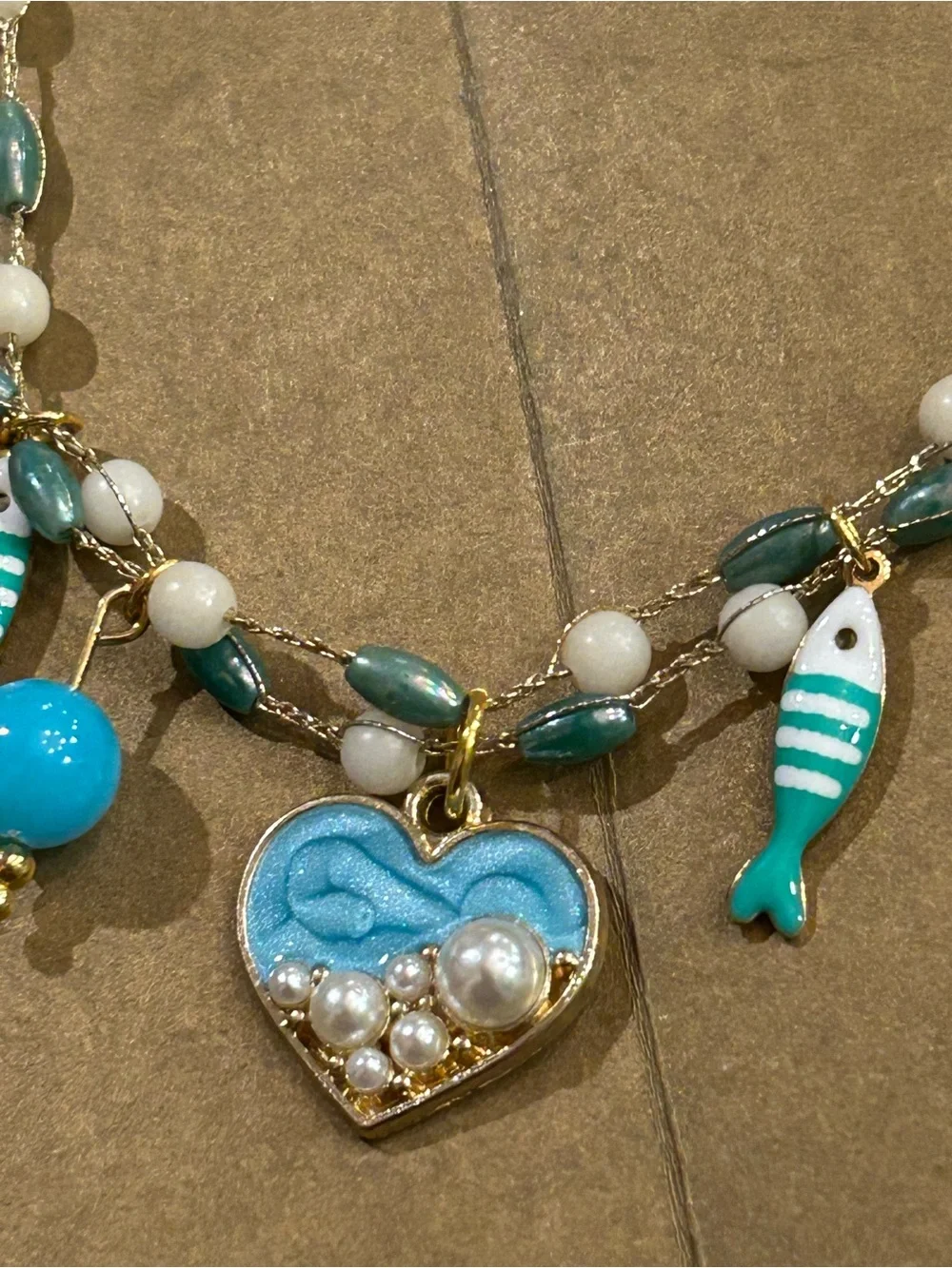 NWOT Necklace “1 Fish, 2 Fish, Red Fish…enamel Sea Life Charms, Aqua white beads